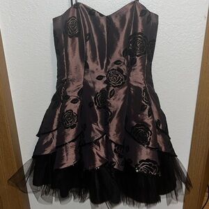 Masquerade bronze metallic strapless dress with black floral & sequins size 7/8